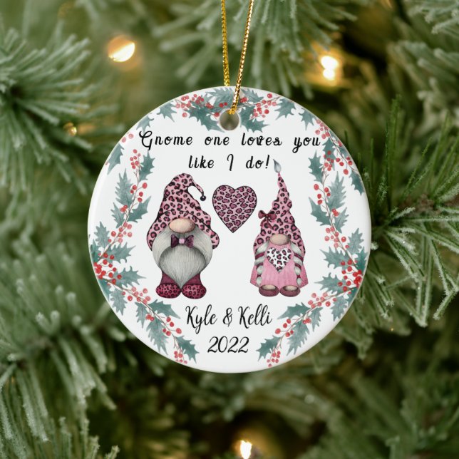 Personalised Gnome Couple Christmas Ceramic Ornament (Tree)