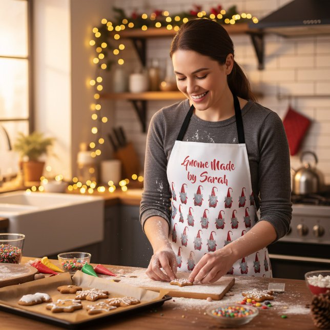 Personalised Gnome Made Christmas Holiday Apron (Bake delicious holiday cookies with your custom gnome apron. Add your name!)