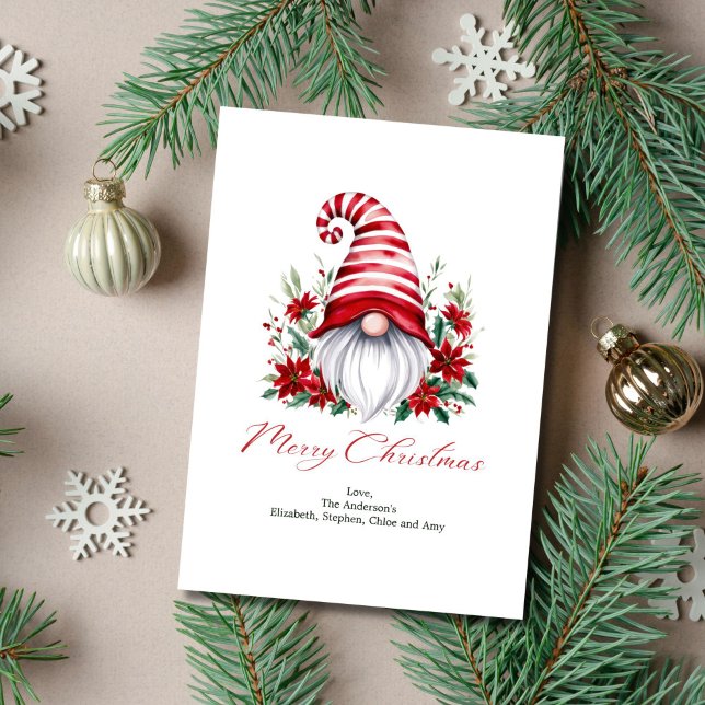 Personalised Gnome Poinsettia Red White Christmas Holiday Card (Gnome with Poinsettia Christmas Card. Personalized. Digital or Printed)