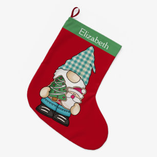 Personalised Gnome Red Green Christmas Holiday Large Christmas Stocking