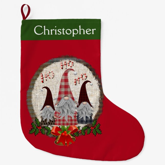 Personalised Gnome Red Green Holly Bells Cute Large Christmas Stocking (Front)
