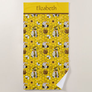Personalised Gnomes Making Honey Yellow Floral Beach Towel
