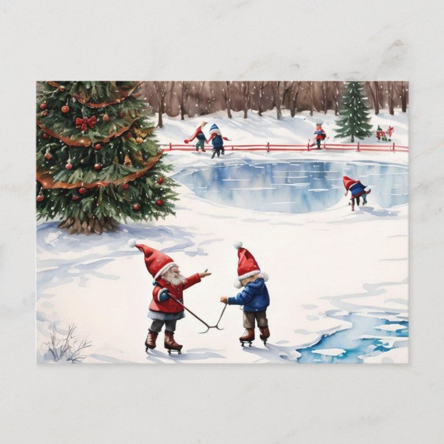 Personalised Gnomes Skating Christmas Postcard, Holiday Postcard (Front)