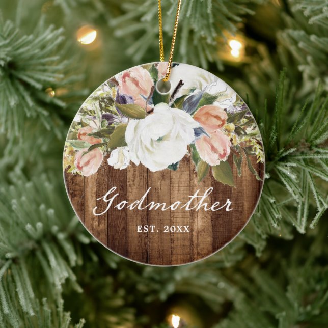 Personalised Godmother Country Woodgrain Christmas Ceramic Ornament (Tree)