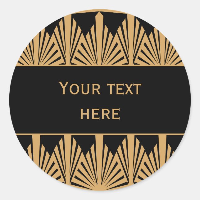 Personalised Gold and Black Art Deco Pattern Classic Round Sticker (Front)