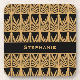 Personalised Gold and Black Art Deco Pattern Coaster