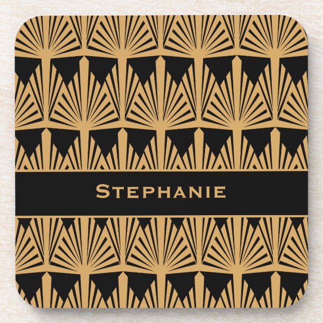 Personalised Gold and Black Art Deco Pattern Coaster (Front)