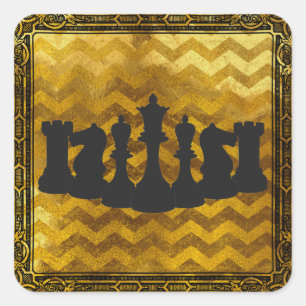 Personalised Gold and Black Chevron Chess Pieces Square Sticker