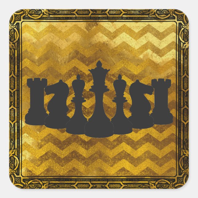 Personalised Gold and Black Chevron Chess Pieces Square Sticker (Front)