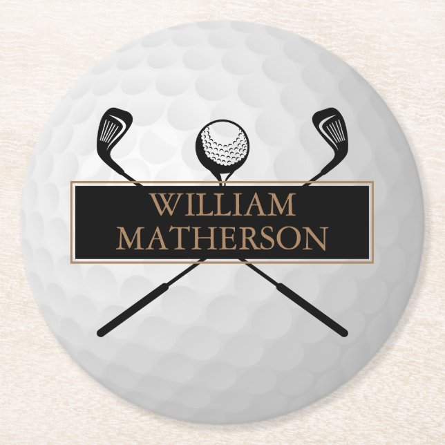 Personalised Gold and Black Golf Ball Classic Round Paper Coaster (Front)