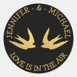Personalised Gold And Black Wedding Love Doves Classic Round Sticker