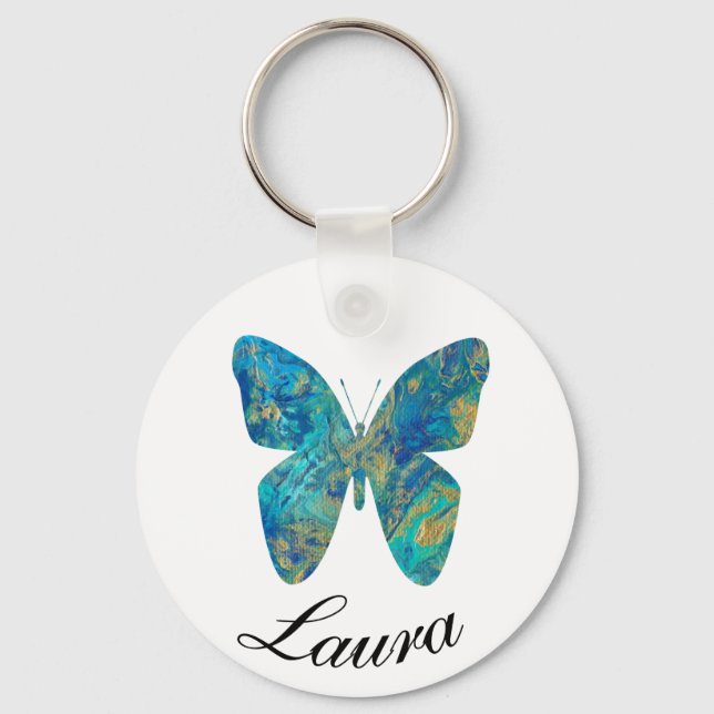 Personalised Gold and Blue Butterfly- Key Ring (Front)