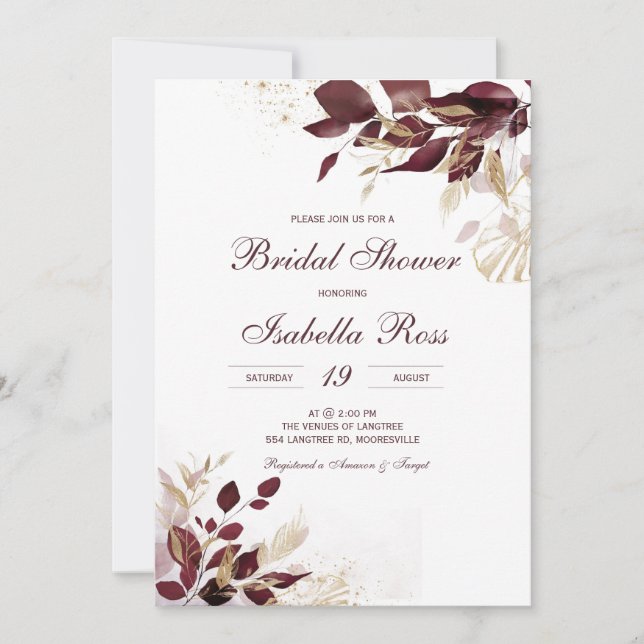 Personalised  Gold and Burgundy Bridal Shower Invitation (Front)