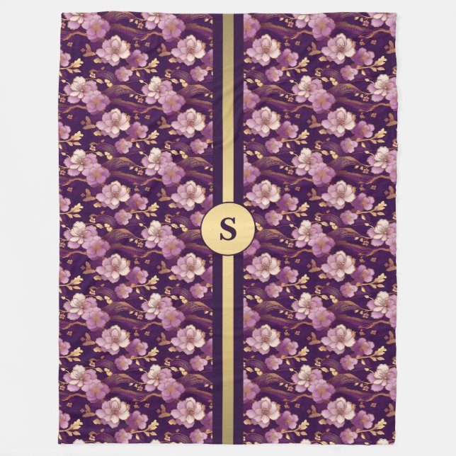  Personalised Gold and Purple Asian Floral  Fleece Blanket (Front)