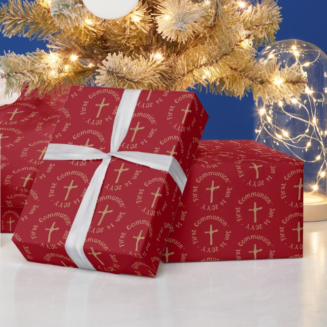 Personalised Gold and Red Wine First Communion Wrapping Paper (Holidays)