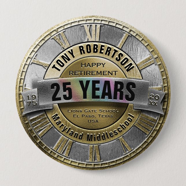 Personalised Gold and Silver Retirement Button (Front)