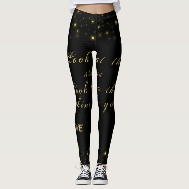 Personalised Gold and sparkles stars on black Leggings (Front)