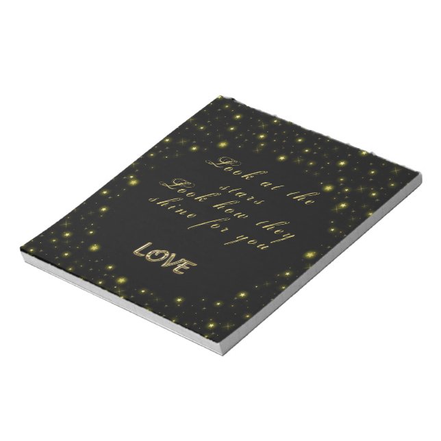 Personalised Gold and sparkles stars on black Notepad (Rotated)