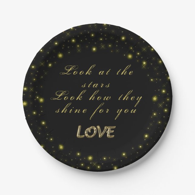 Personalised Gold and sparkles stars on black  Paper Plate (Front)