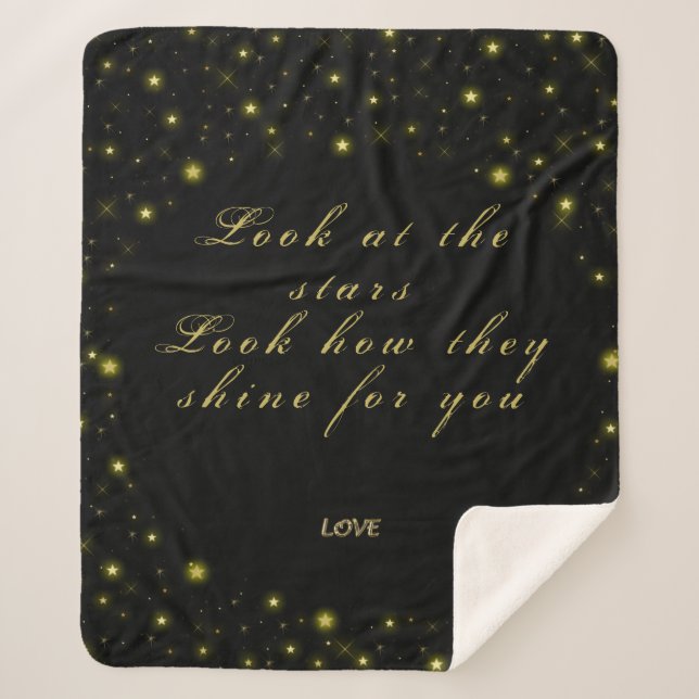 Personalised, Gold and sparkles stars on black Sherpa Blanket (Front)