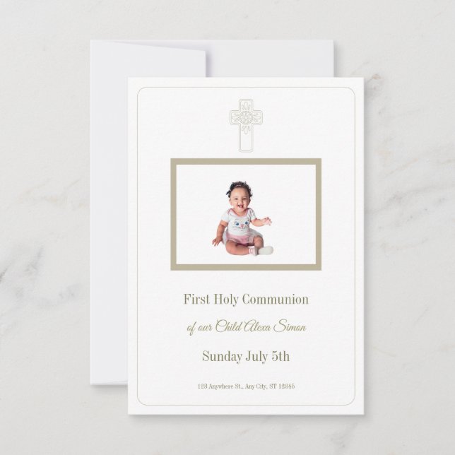Personalised Gold and White First Holy Communion RSVP Card (Front)