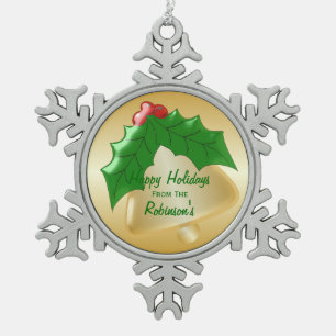 Personalised Gold Bell Holly Design Snowflake Pewter Christmas Ornament
