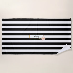 Personalised Gold Black and White Striped Beach Towel
