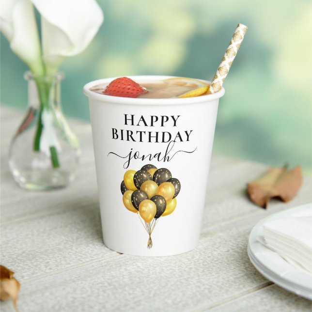 Personalised Gold Black Balloons Birthday White Paper Cups (Insitu)