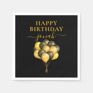 Personalised Gold Black Balloons Happy Birthday Napkin