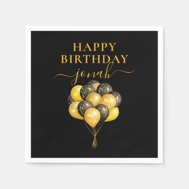 Personalised Gold Black Balloons Happy Birthday Napkin (Front)
