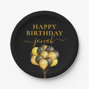Personalised Gold Black Balloons Happy Birthday Paper Plate