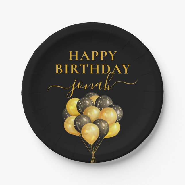 Personalised Gold Black Balloons Happy Birthday Paper Plate (Front)