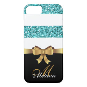 Personalised Gold, Black BLUE  GLITTER STRIPES BOW iPhone 8/7 Case