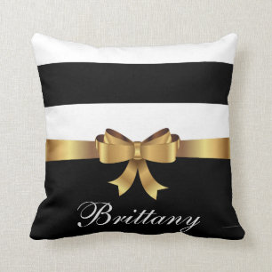 Personalised Gold, Black Bold Stripes ELEGANT BOW Cushion