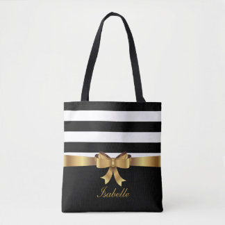 Personalised Gold, Black Bold Stripes ELEGANT BOW Tote Bag