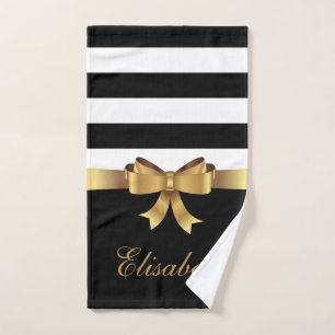 Personalised Gold, Black Bold Stripes Golden BOW Bath Towel Set