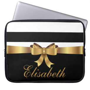 Personalised Gold, Black Bold Stripes Golden BOW Laptop Sleeve