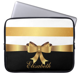 Personalised Gold, Black Bold Stripes Golden BOW Laptop Sleeve