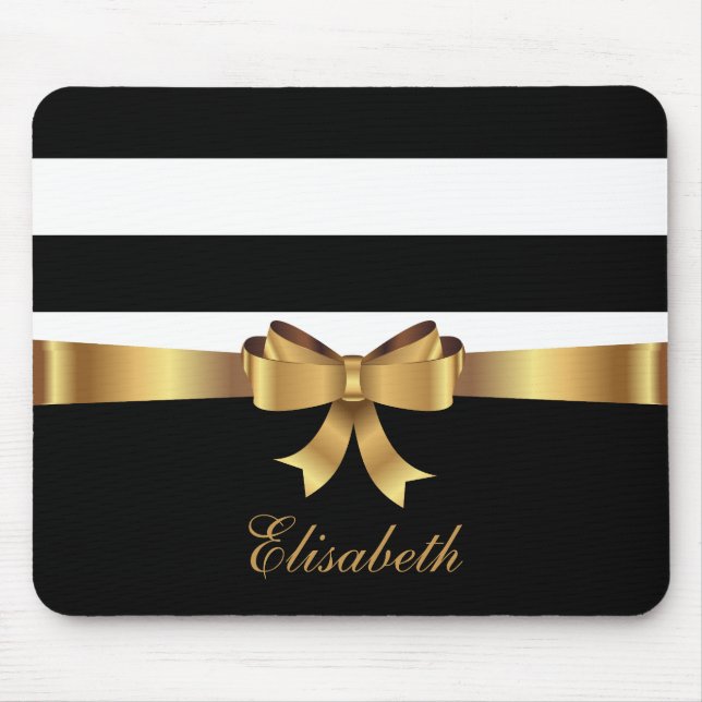 Personalised Gold, Black Bold Stripes Golden BOW Mouse Pad (Front)
