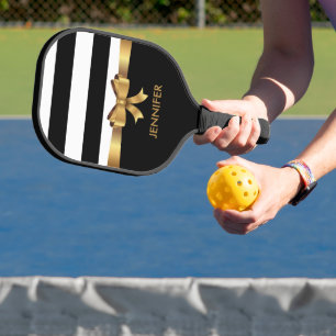 Personalised Gold, Black Bold Stripes Golden BOW  Pickleball Paddle