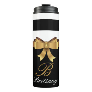 Personalised Gold, Black Bold Stripes Golden BOW Thermal Tumbler