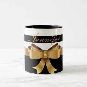 Personalised Gold, Black Bold Stripes Golden BOW Two-Tone Coffee Mug