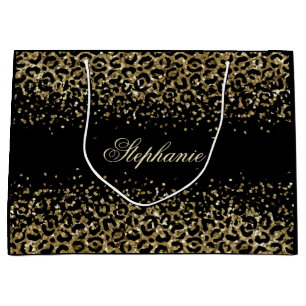 Personalised Gold Black Leopard Print Glitter  Large Gift Bag