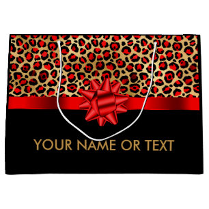 Personalised Gold Black Leopard  RED BOW Large Gift Bag