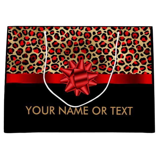 Personalised Gold Black Leopard  RED BOW Large Gift Bag (Front)