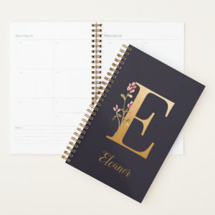 Personalised Gold Blue Elegant Floral Monogram E Planner