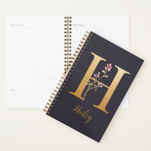 Personalised Gold Blue Elegant Floral Monogram H Planner