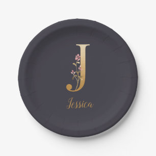 Personalised Gold Blue Elegant Floral Monogram J  Paper Plate