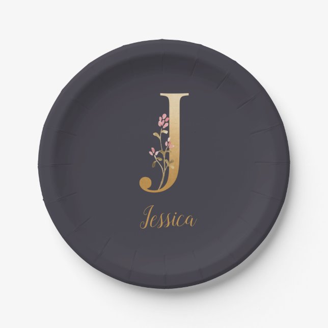 Personalised Gold Blue Elegant Floral Monogram J  Paper Plate (Front)
