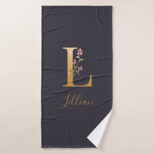 Personalised Gold Blue Elegant Floral Monogram L  Bath Towel